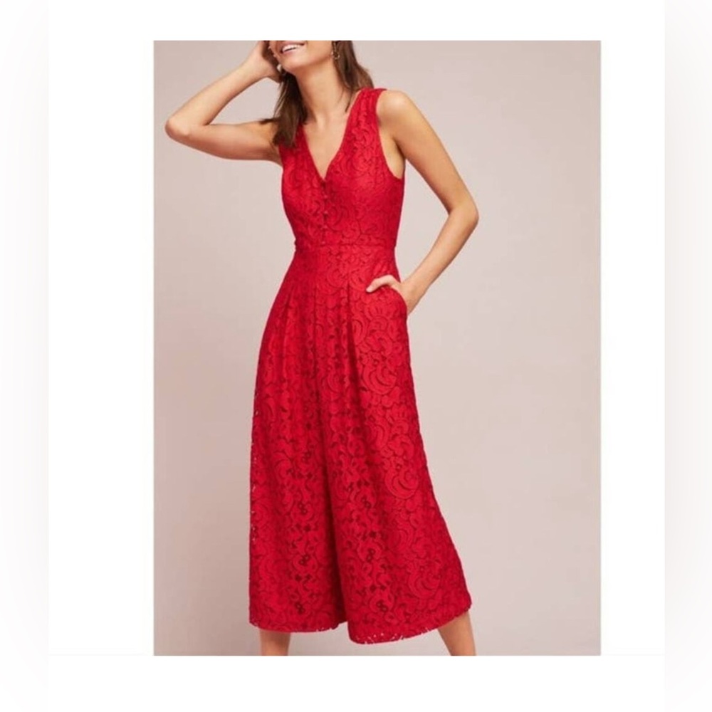 Anthropologie Moulinette Soeurs Jaeda Red Lace Sleeveless Wide Leg Jumpsuit 0 - Picture 1 of 6
